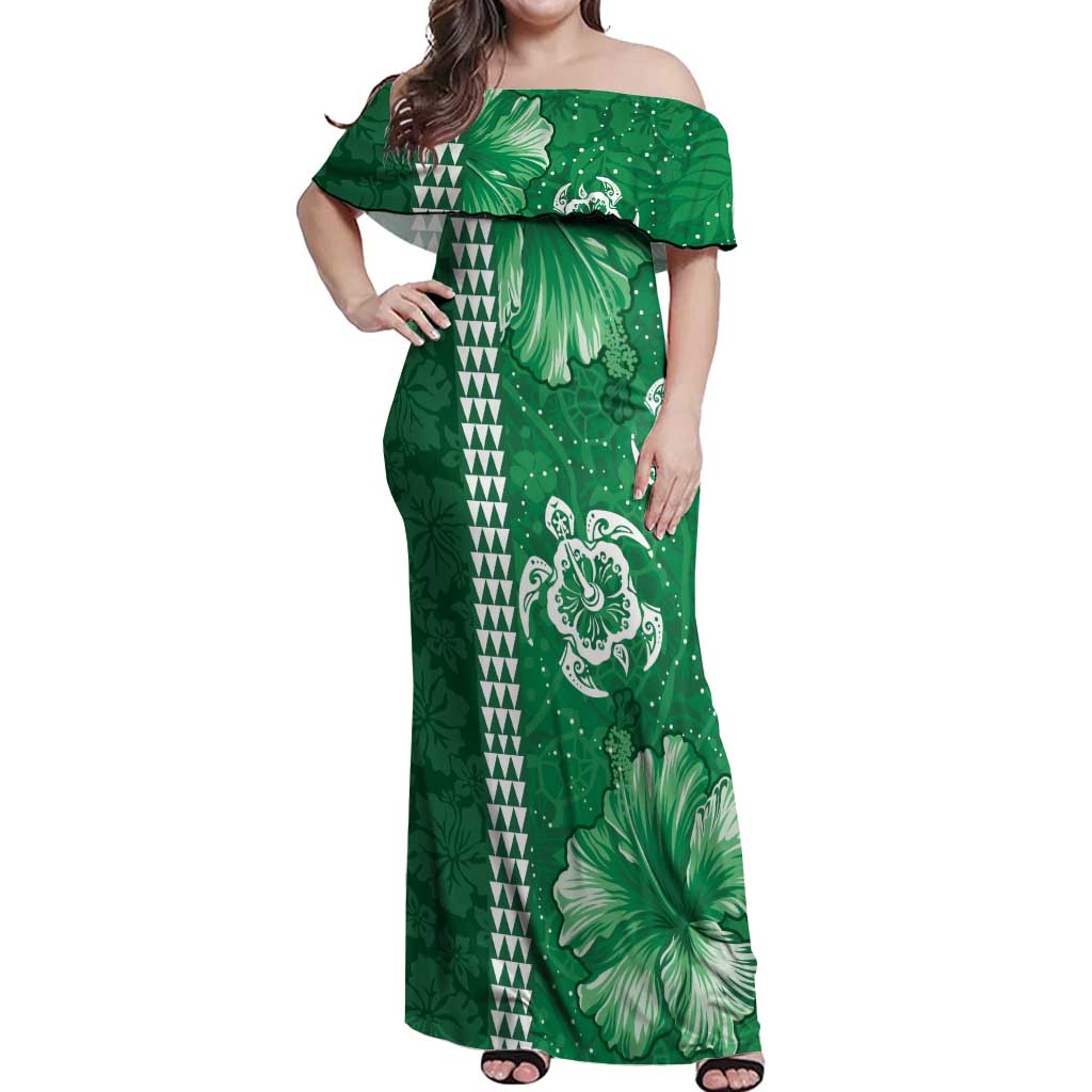 Green Hibiscus Turle Off Shoulder Maxi Dress Hawaiian Style Tribal Tapa Pattern