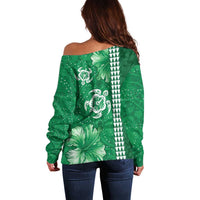 Green Hibiscus Turle Off Shoulder Sweater Hawaiian Style Tribal Tapa Pattern