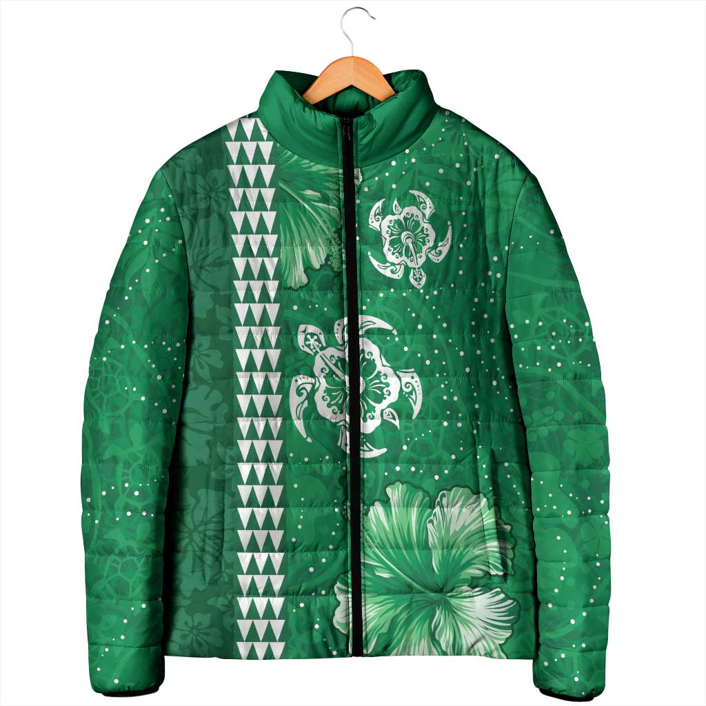 Green Hibiscus Turle Padded Jacket Hawaiian Style Tribal Tapa Pattern - Polynesian Pride