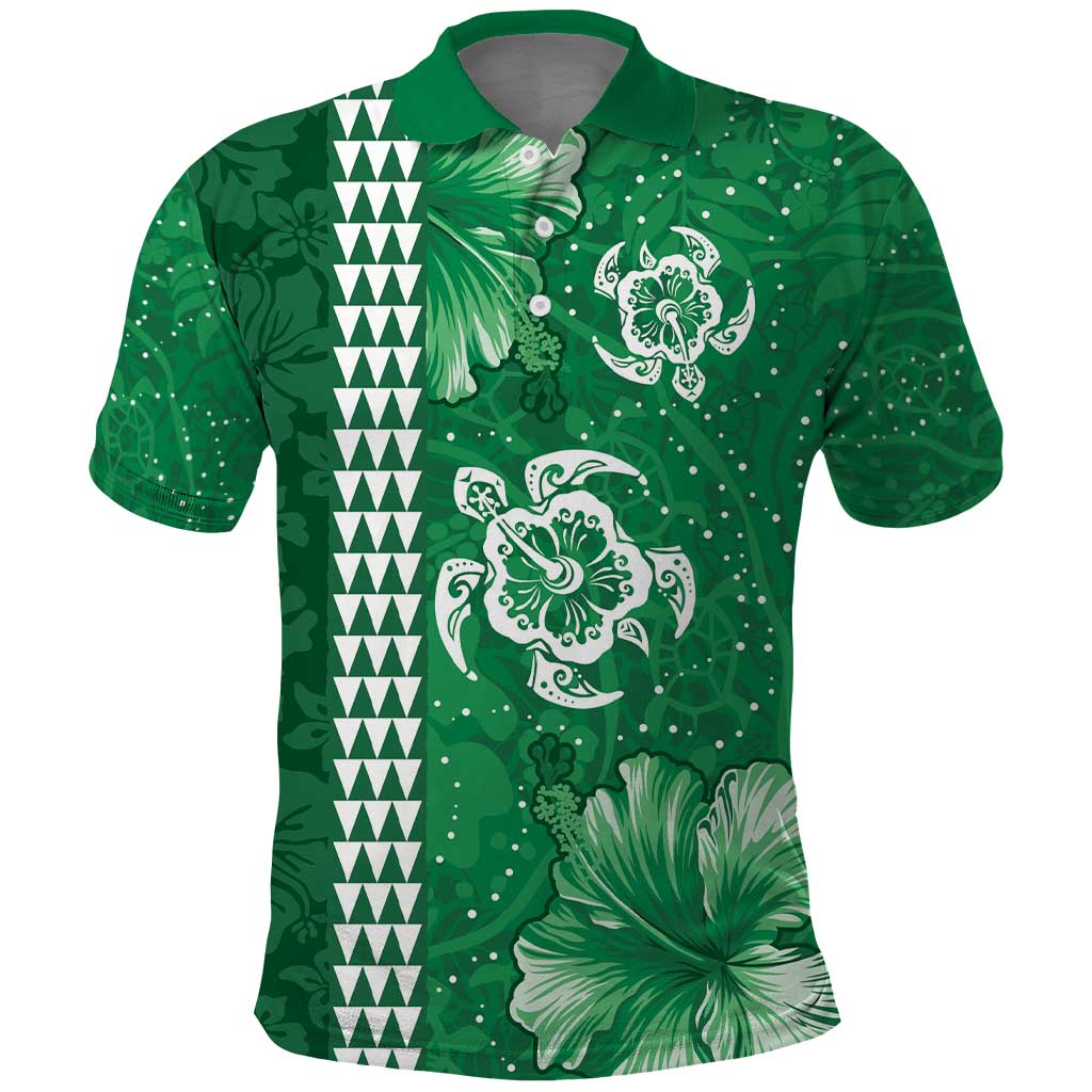 Green Hibiscus Turle Polo Shirt Hawaiian Style Tribal Tapa Pattern