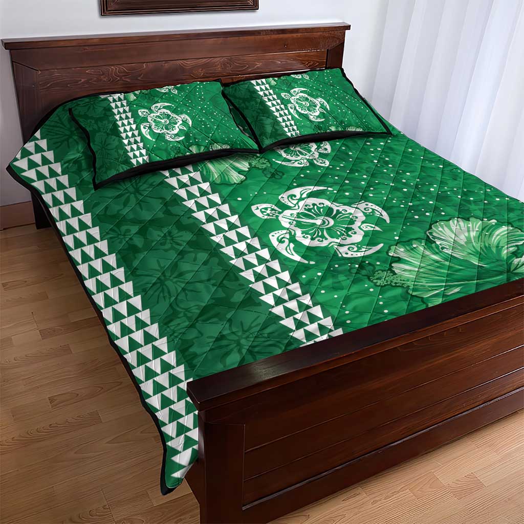 Green Hibiscus Turle Quilt Bed Set Hawaiian Style Tribal Tapa Pattern