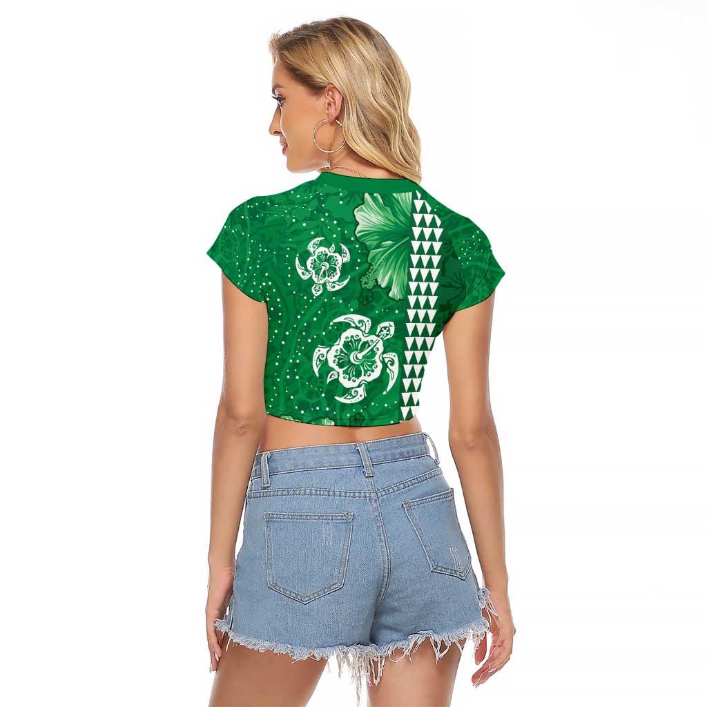 Green Hibiscus Turle Raglan Cropped T Shirt Hawaiian Style Tribal Tapa Pattern LT9 - Polynesian Pride
