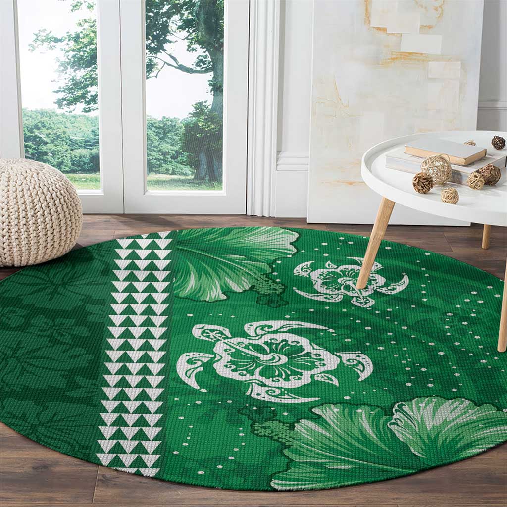 Green Hibiscus Turle Round Carpet Hawaiian Style Tribal Tapa Pattern