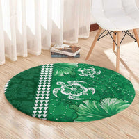 Green Hibiscus Turle Round Carpet Hawaiian Style Tribal Tapa Pattern