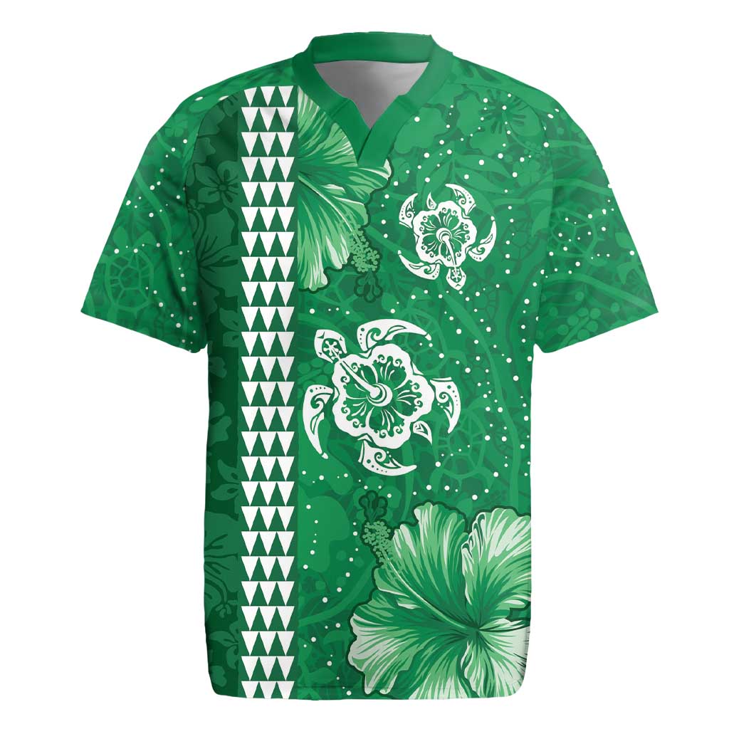 Green Hibiscus Turle Rugby Jersey Hawaiian Style Tribal Tapa Pattern