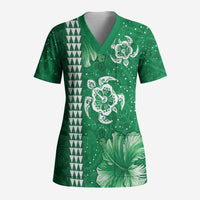 Green Hibiscus Turle Scrub Top Hawaiian Style Tribal Tapa Pattern - Polynesian Pride