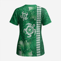 Green Hibiscus Turle Scrub Top Hawaiian Style Tribal Tapa Pattern - Polynesian Pride