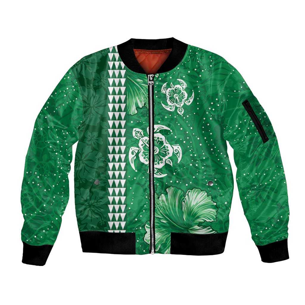 Green Hibiscus Turle Sleeve Zip Bomber Jacket Hawaiian Style Tribal Tapa Pattern