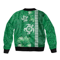 Green Hibiscus Turle Sleeve Zip Bomber Jacket Hawaiian Style Tribal Tapa Pattern