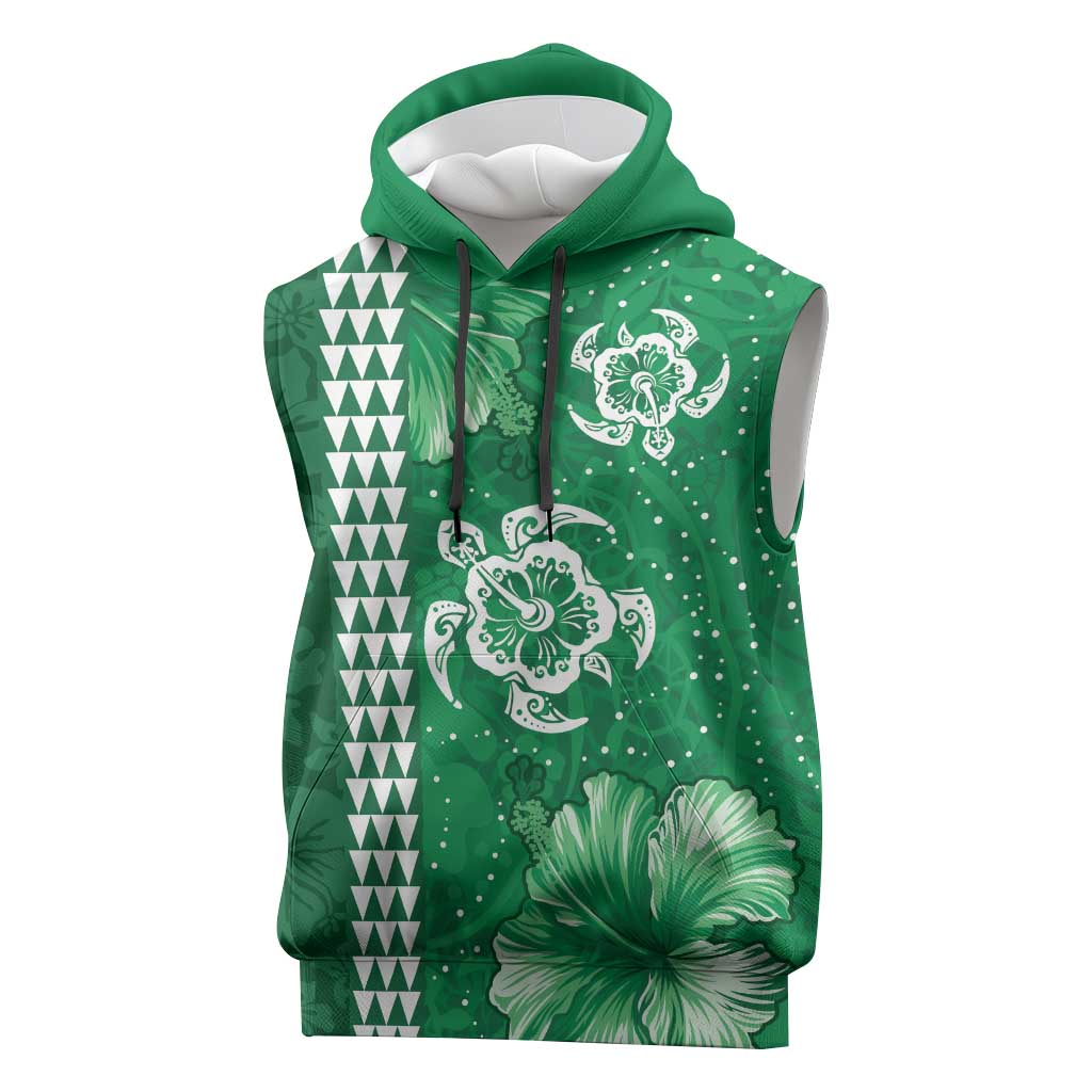 Green Hibiscus Turle Sleeveless Hoodie Hawaiian Style Tribal Tapa Pattern - Polynesian Pride