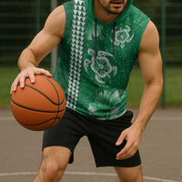 Green Hibiscus Turle Sleeveless Hoodie Hawaiian Style Tribal Tapa Pattern - Polynesian Pride