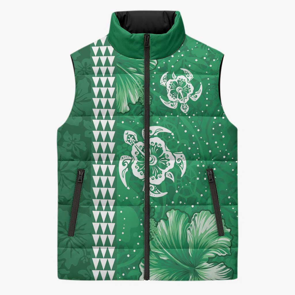 Green Hibiscus Turle Sleeveless Puffer Jacket Hawaiian Style Tribal Tapa Pattern - Polynesian Pride