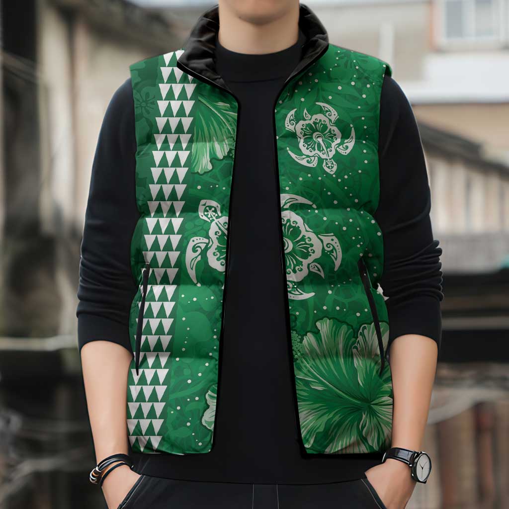Green Hibiscus Turle Sleeveless Puffer Jacket Hawaiian Style Tribal Tapa Pattern - Polynesian Pride