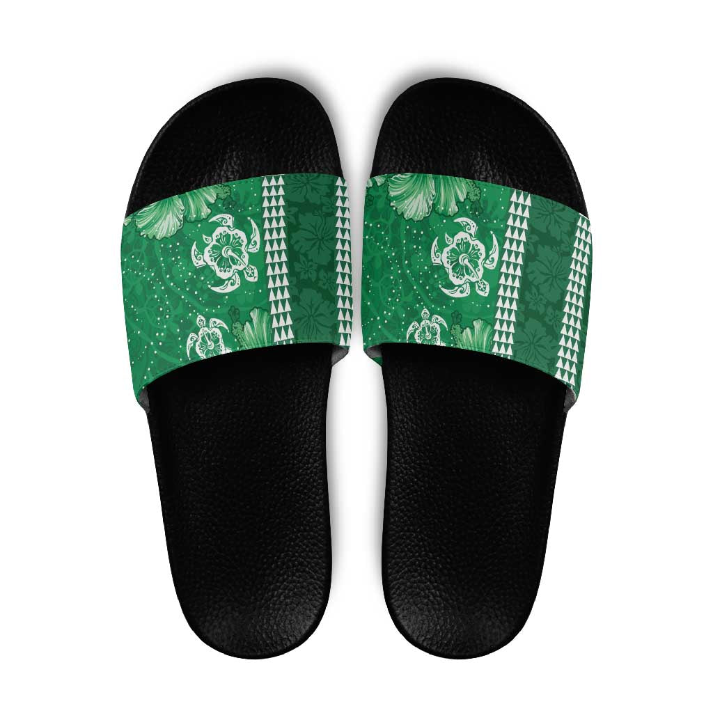 Green Hibiscus Turle Slide Sandals Hawaiian Style Tribal Tapa Pattern - Polynesian Pride