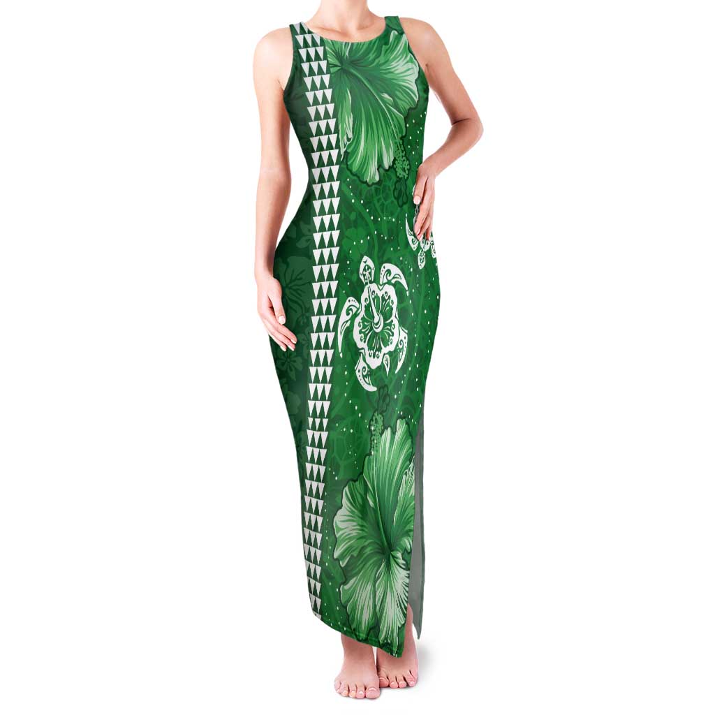 Green Hibiscus Turle Tank Maxi Dress Hawaiian Style Tribal Tapa Pattern