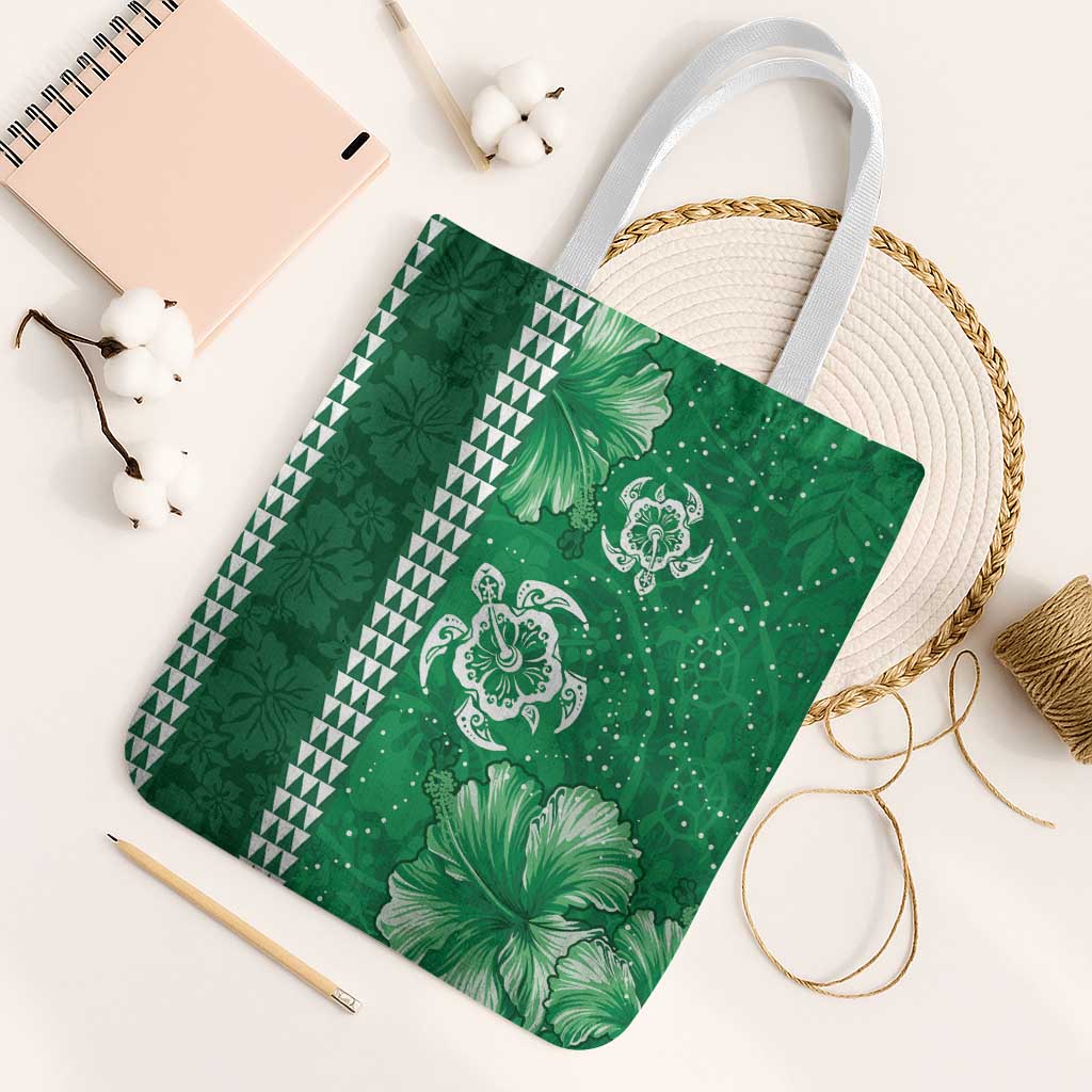 Green Hibiscus Turle Tote Bag Hawaiian Style Tribal Tapa Pattern - Polynesian Pride