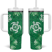 Green Hibiscus Turle Tumbler With Handle Hawaiian Style Tribal Tapa Pattern