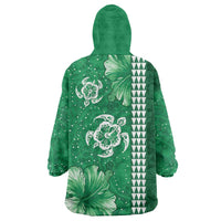 Green Hibiscus Turle Wearable Blanket Hoodie Hawaiian Style Tribal Tapa Pattern