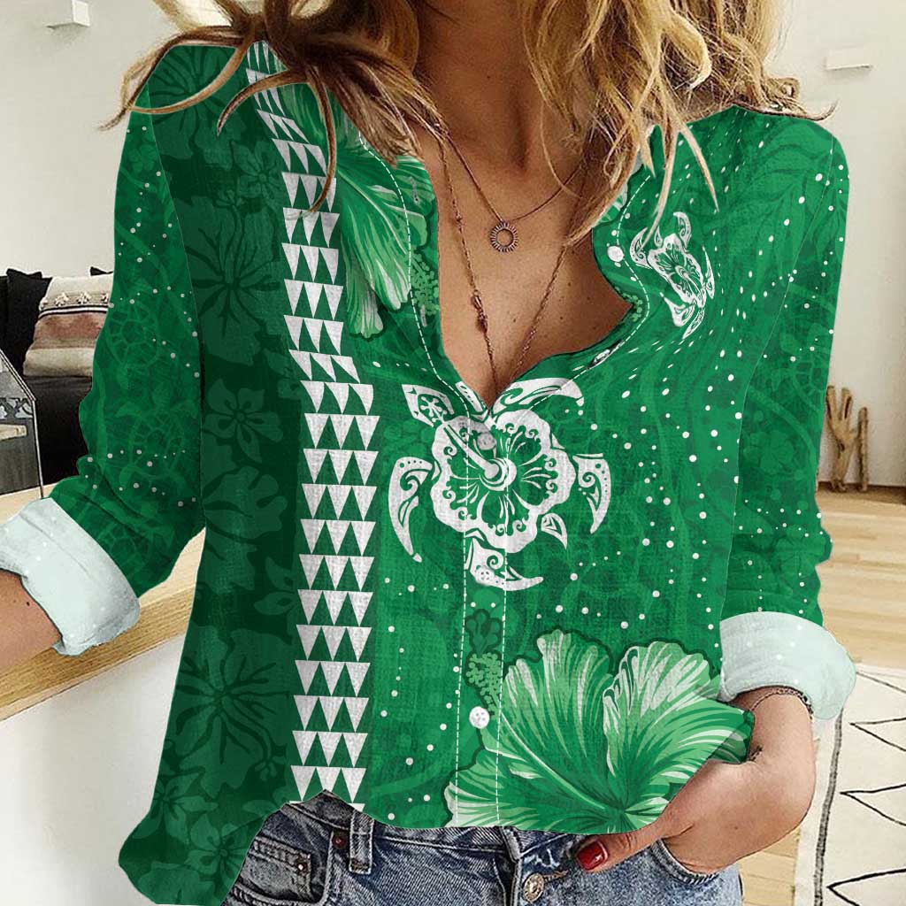 Green Hibiscus Turle Women Casual Shirt Hawaiian Style Tribal Tapa Pattern