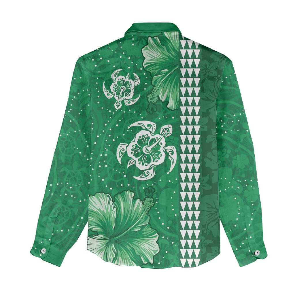 Green Hibiscus Turle Women Casual Shirt Hawaiian Style Tribal Tapa Pattern