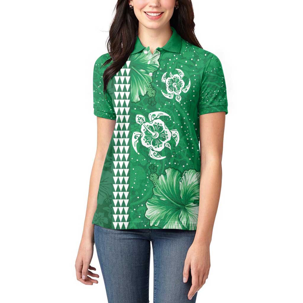 Green Hibiscus Turle Women Polo Shirt Hawaiian Style Tribal Tapa Pattern