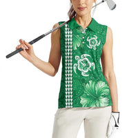 Green Hibiscus Turle Women Sleeveless Polo Shirt Hawaiian Style Tribal Tapa Pattern