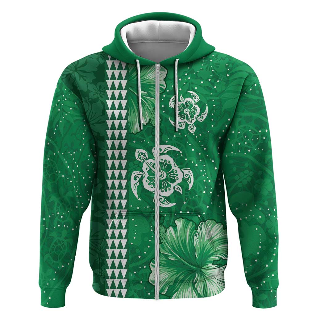 Green Hibiscus Turle Zip Hoodie Hawaiian Style Tribal Tapa Pattern