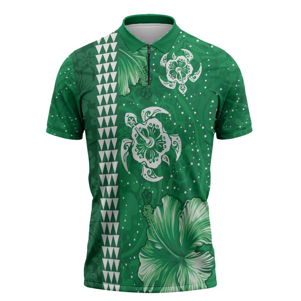 Green Hibiscus Turle Zipper Polo Shirt Hawaiian Style Tribal Tapa Pattern - Polynesian Pride