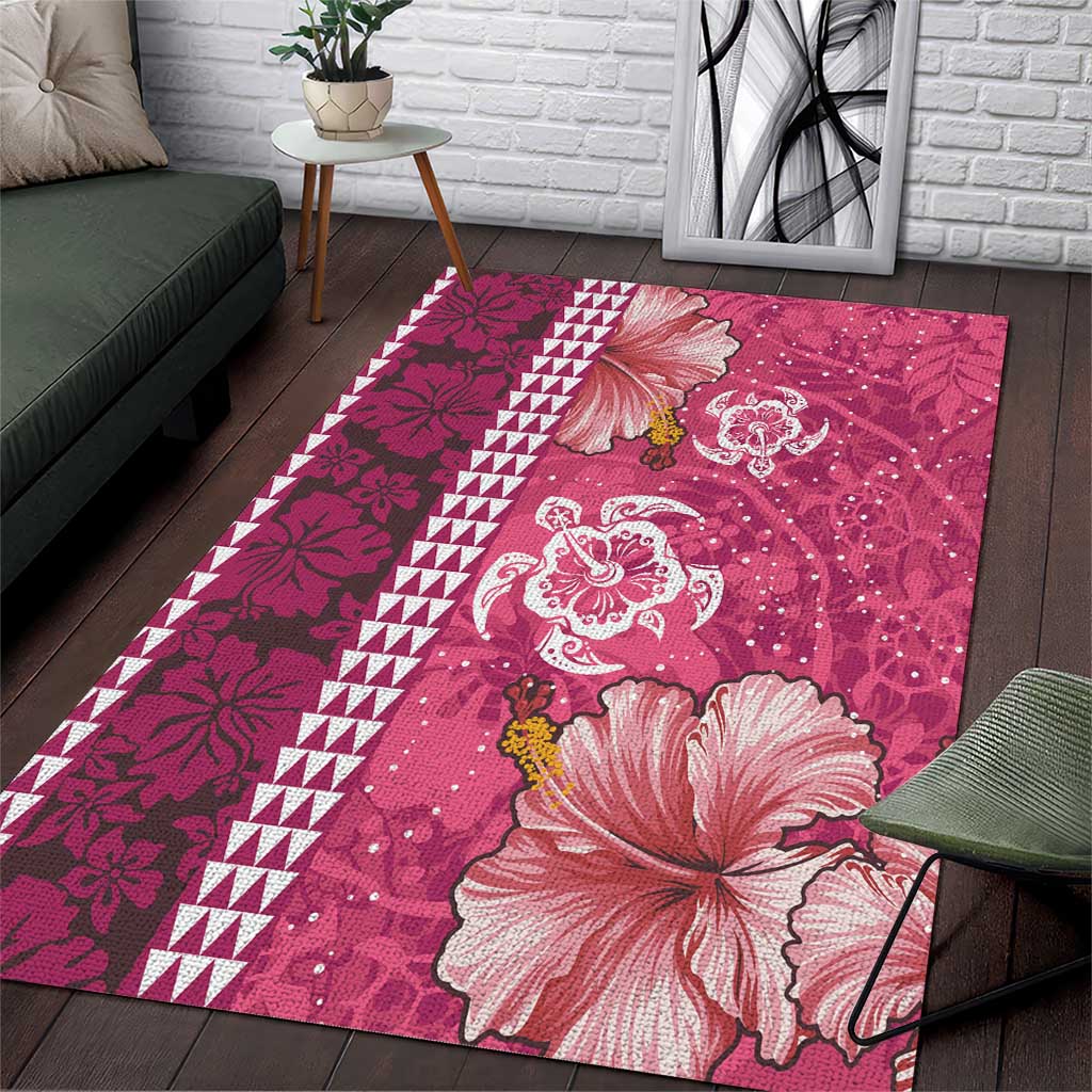 Pink Hibiscus Turle Area Rug Hawaiian Style Tribal Tapa Pattern