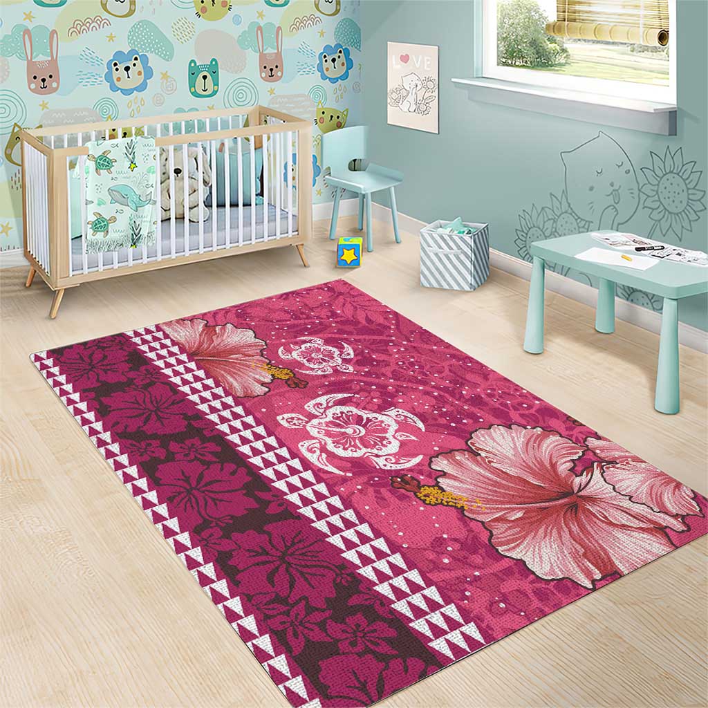 Pink Hibiscus Turle Area Rug Hawaiian Style Tribal Tapa Pattern
