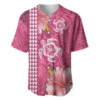 Pink Hibiscus Turle Baseball Jersey Hawaiian Style Tribal Tapa Pattern