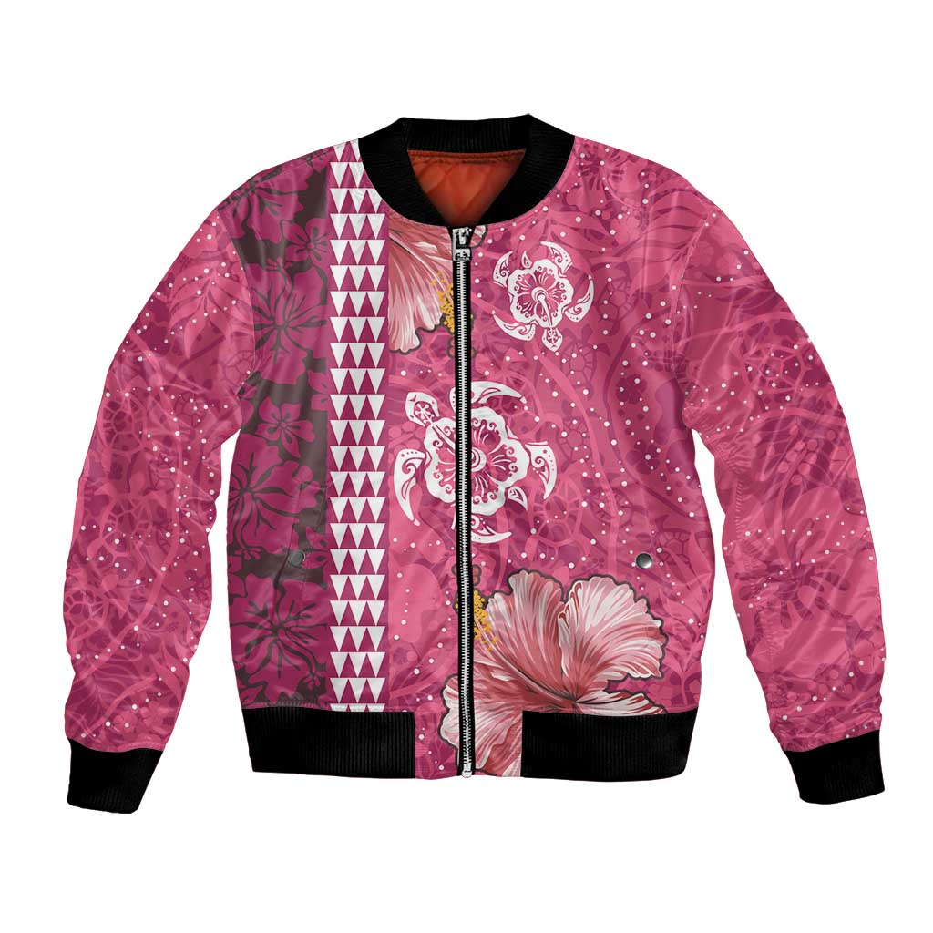 Pink Hibiscus Turle Bomber Jacket Hawaiian Style Tribal Tapa Pattern