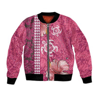Pink Hibiscus Turle Bomber Jacket Hawaiian Style Tribal Tapa Pattern