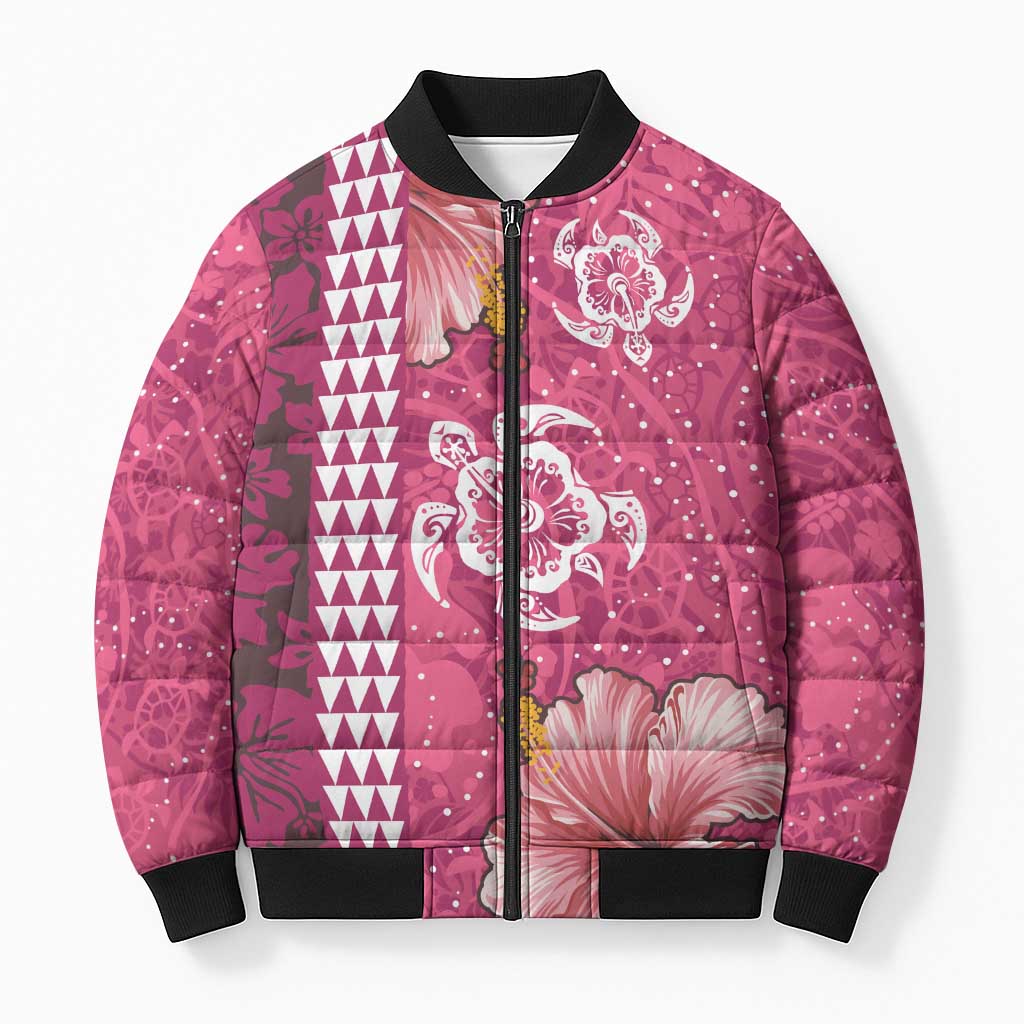 Pink Hibiscus Turle Bomber Puffer Jacket Hawaiian Style Tribal Tapa Pattern - Polynesian Pride