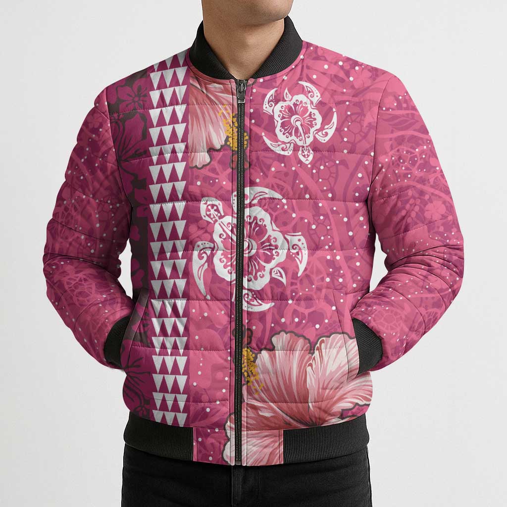 Pink Hibiscus Turle Bomber Puffer Jacket Hawaiian Style Tribal Tapa Pattern - Polynesian Pride