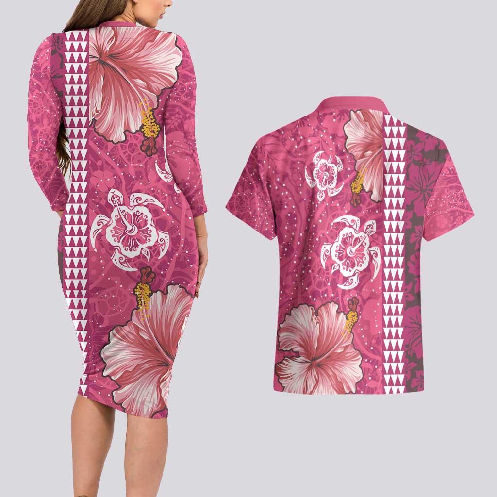 Pink Hibiscus Turle Couples Matching Long Sleeve Bodycon Dress and Hawaiian Shirt Hawaiian Style Tribal Tapa Pattern