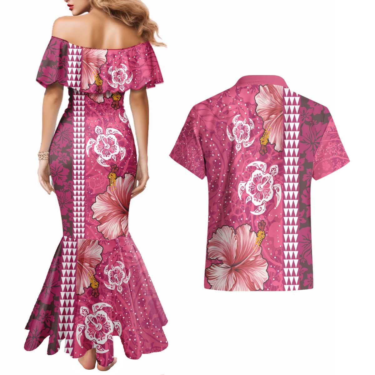 Pink Hibiscus Turle Couples Matching Mermaid Dress and Hawaiian Shirt Hawaiian Style Tribal Tapa Pattern