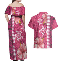 Pink Hibiscus Turle Couples Matching Off Shoulder Maxi Dress and Hawaiian Shirt Hawaiian Style Tribal Tapa Pattern
