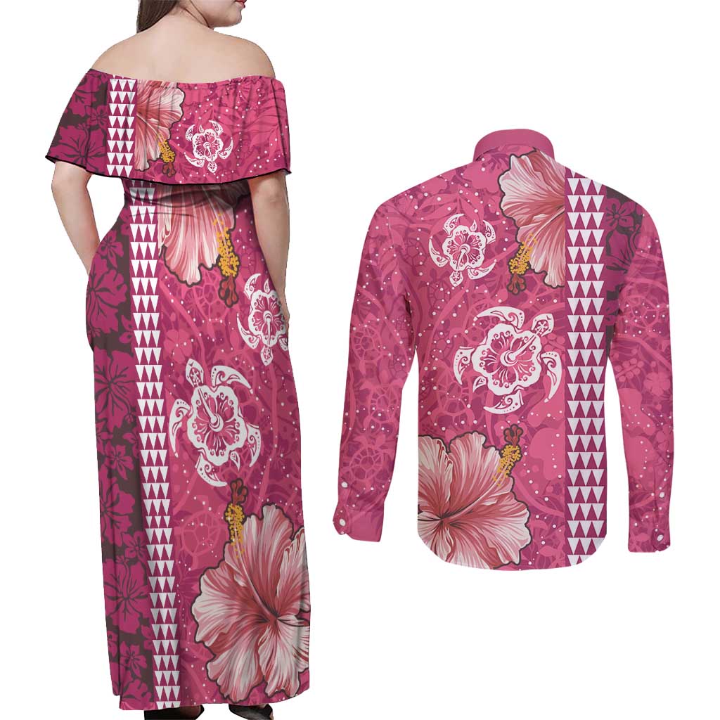 Pink Hibiscus Turle Couples Matching Off Shoulder Maxi Dress and Long Sleeve Button Shirt Hawaiian Style Tribal Tapa Pattern
