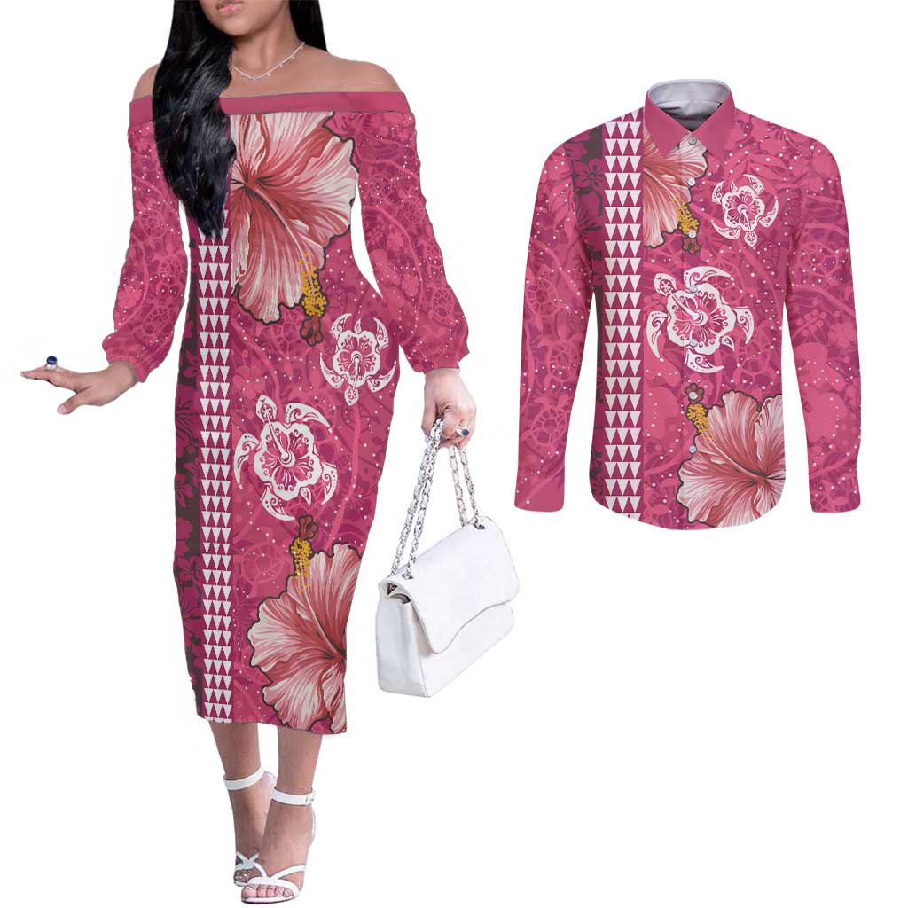Pink Hibiscus Turle Couples Matching Off The Shoulder Long Sleeve Dress and Long Sleeve Button Shirt Hawaiian Style Tribal Tapa Pattern