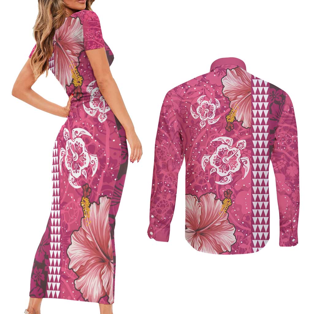 Pink Hibiscus Turle Couples Matching Short Sleeve Bodycon Dress and Long Sleeve Button Shirt Hawaiian Style Tribal Tapa Pattern