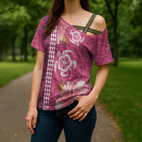 Pink Hibiscus Turle Cross Shoulder Shirt Hawaiian Style Tribal Tapa Pattern - Polynesian Pride