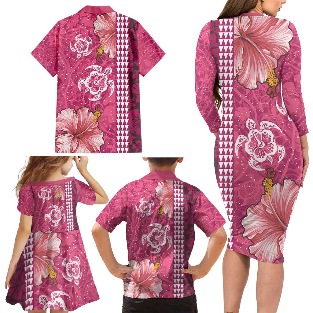 Pink Hibiscus Turle Family Matching Long Sleeve Bodycon Dress and Hawaiian Shirt Hawaiian Style Tribal Tapa Pattern