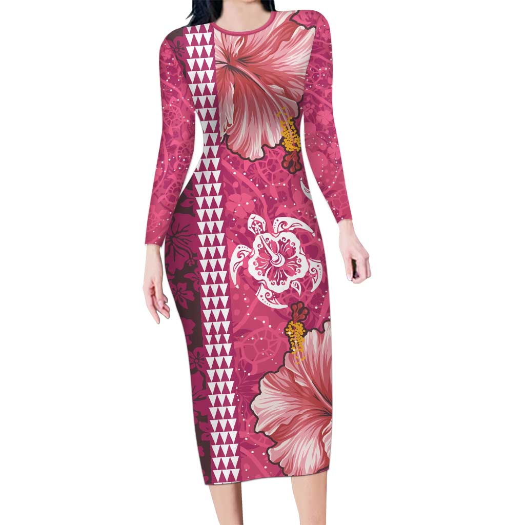 Pink Hibiscus Turle Family Matching Long Sleeve Bodycon Dress and Hawaiian Shirt Hawaiian Style Tribal Tapa Pattern