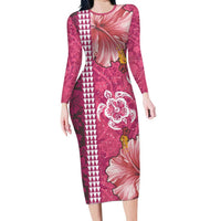 Pink Hibiscus Turle Family Matching Long Sleeve Bodycon Dress and Hawaiian Shirt Hawaiian Style Tribal Tapa Pattern