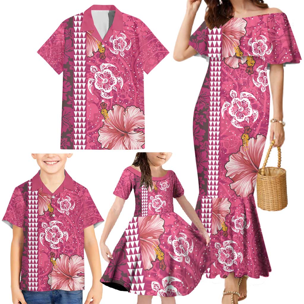 Pink Hibiscus Turle Family Matching Mermaid Dress and Hawaiian Shirt Hawaiian Style Tribal Tapa Pattern