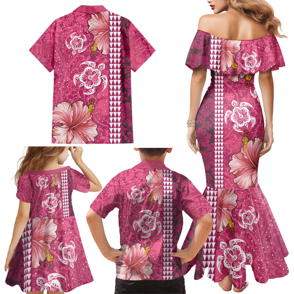 Pink Hibiscus Turle Family Matching Mermaid Dress and Hawaiian Shirt Hawaiian Style Tribal Tapa Pattern