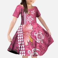 Pink Hibiscus Turle Family Matching Off The Shoulder Long Sleeve Dress and Hawaiian Shirt Hawaiian Style Tribal Tapa Pattern