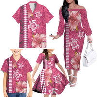 Pink Hibiscus Turle Family Matching Off The Shoulder Long Sleeve Dress and Hawaiian Shirt Hawaiian Style Tribal Tapa Pattern