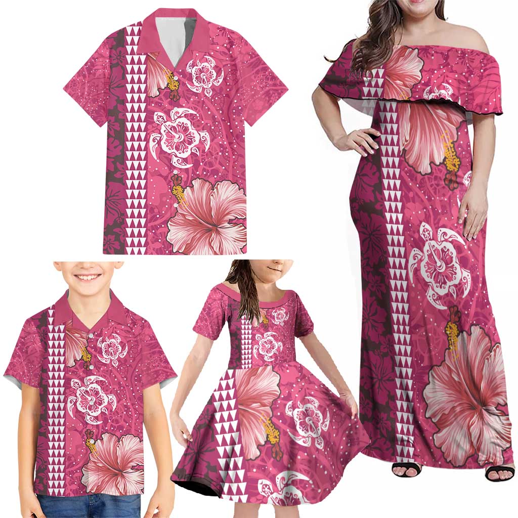 Pink Hibiscus Turle Family Matching Off Shoulder Maxi Dress and Hawaiian Shirt Hawaiian Style Tribal Tapa Pattern